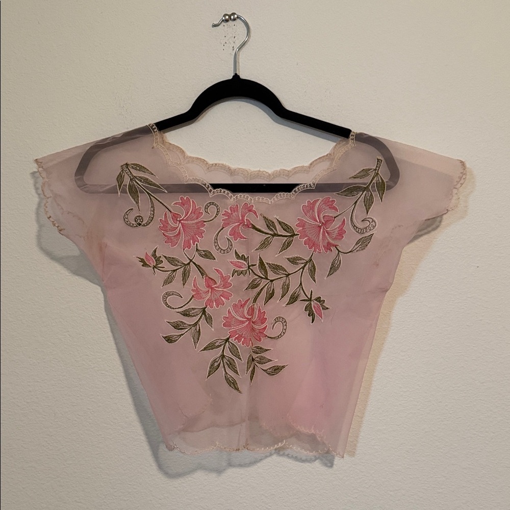 Vintage Handmade Organza Sheer Pink Floral Embroidered Crop Top